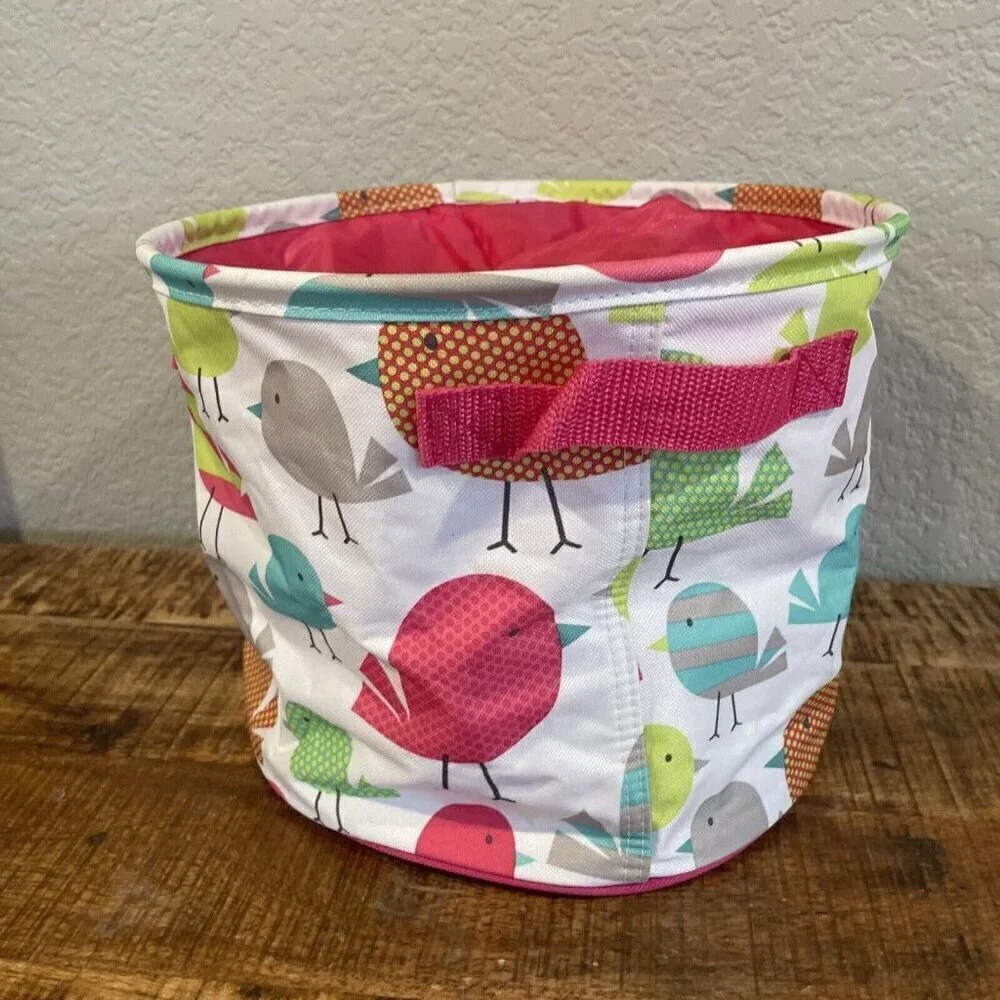 Thirty one bag cinch top round Storage Bin Pink Chickadees Birds Embroidery MeMe